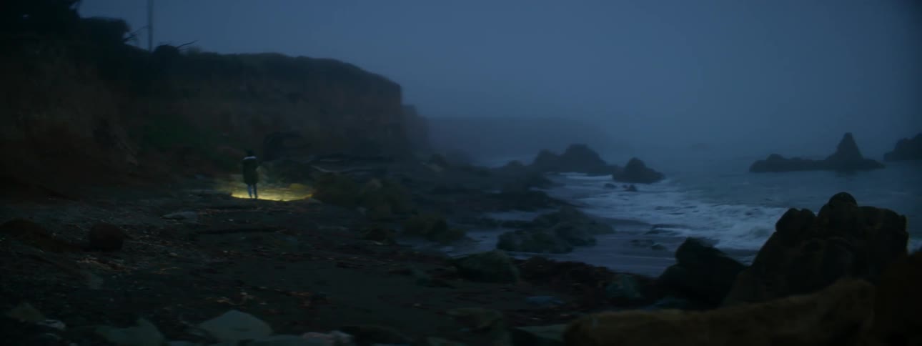 Person walks along rocky shoreline with flashlight at dusk