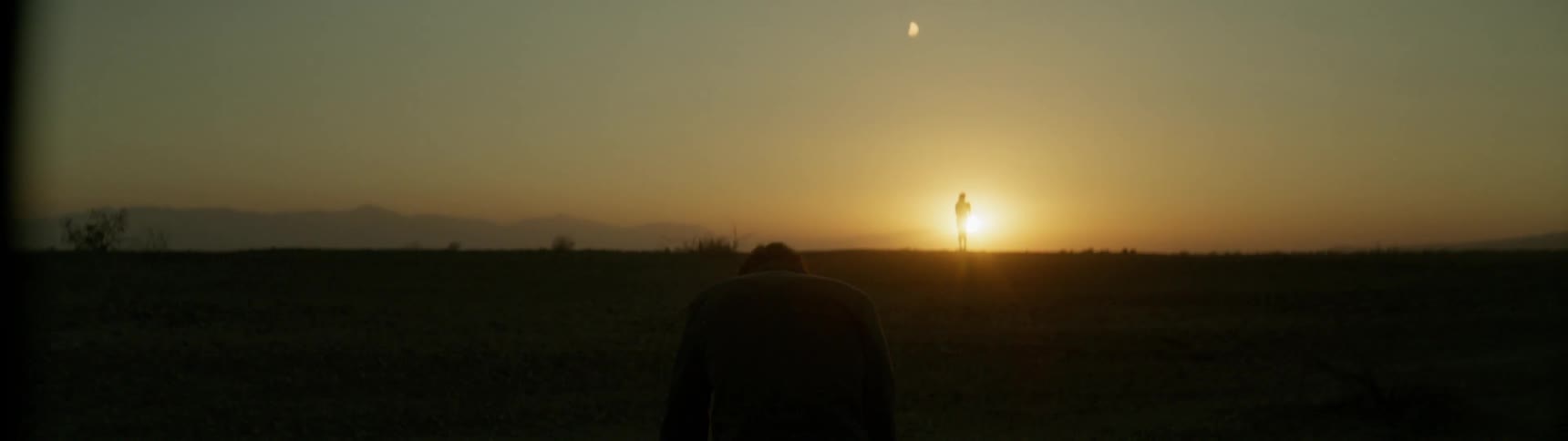 A man falls to his knees in a rural field at sunset