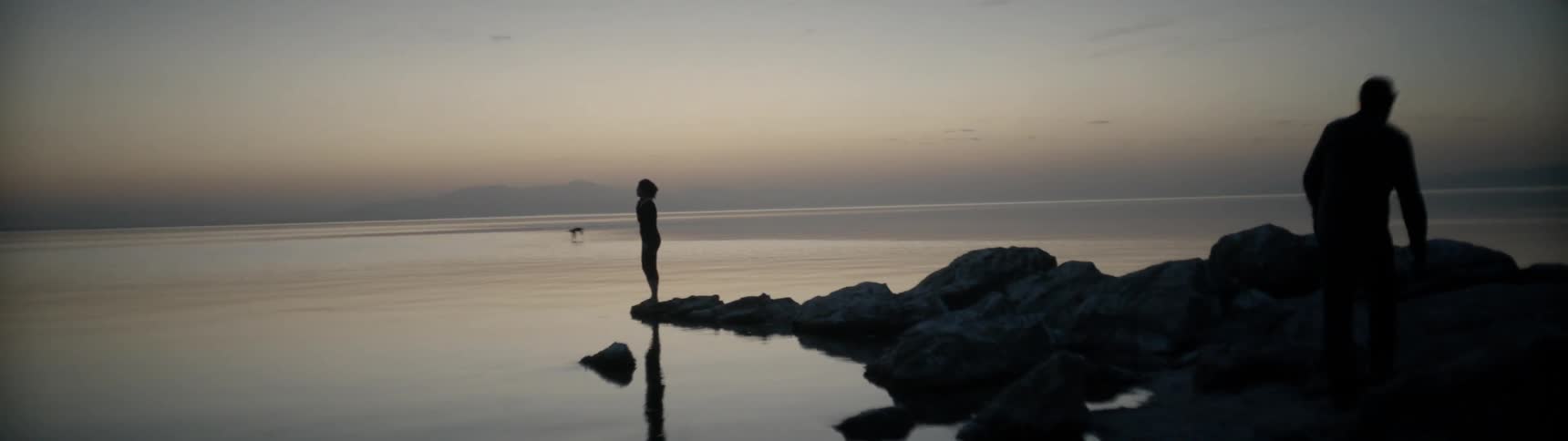A woman stands on a rock in the water at sunset