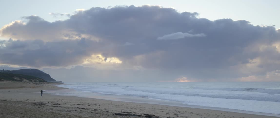 A person walks alone on a beach