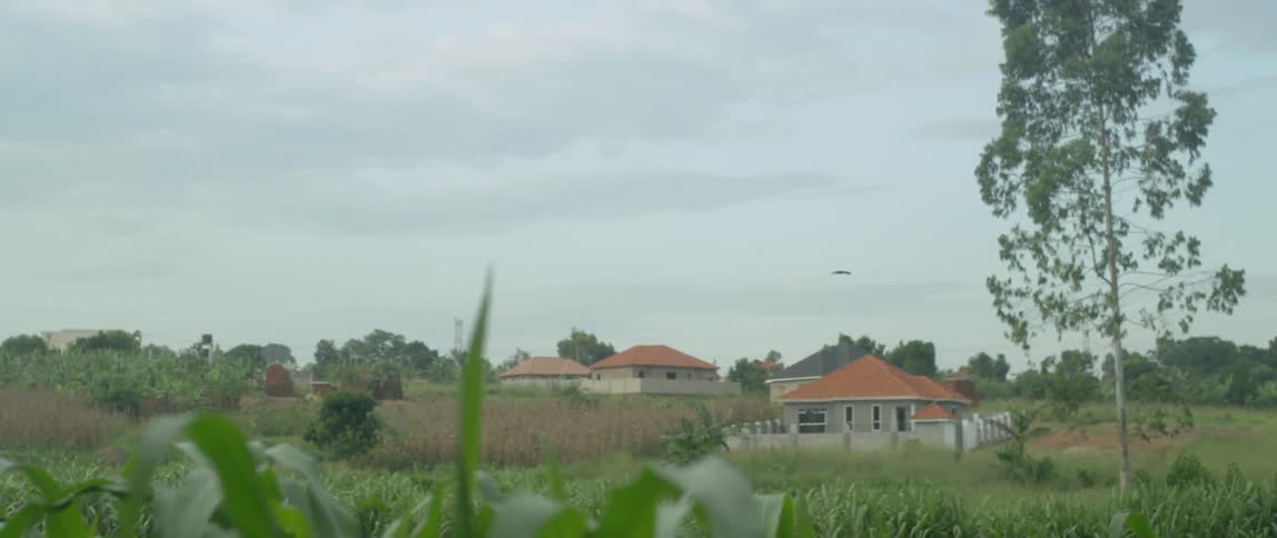 A drone is flying over an agricultural community on a cloudy day