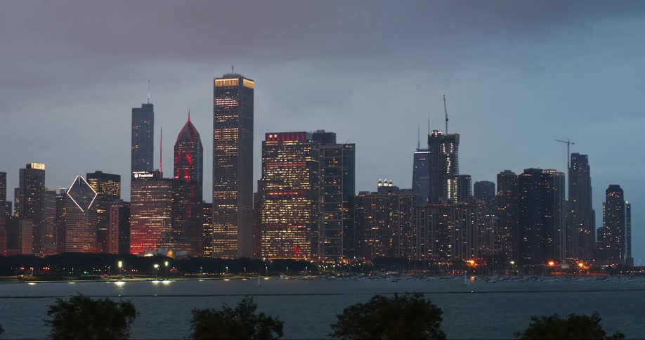 Tall city buildings tower into the skyline