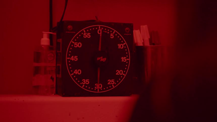 The timer is counting in the dark room