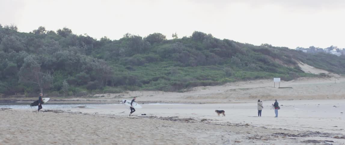 A surfer carrying his board and running along the beach as people and a dog stand nearby
