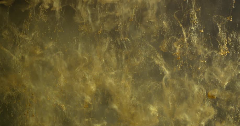 Gold dye is falling into a liquid solution and dispersing