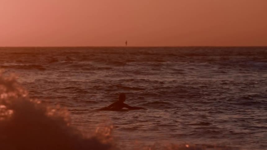 Surfers paddle their boards in the ocean at sunset