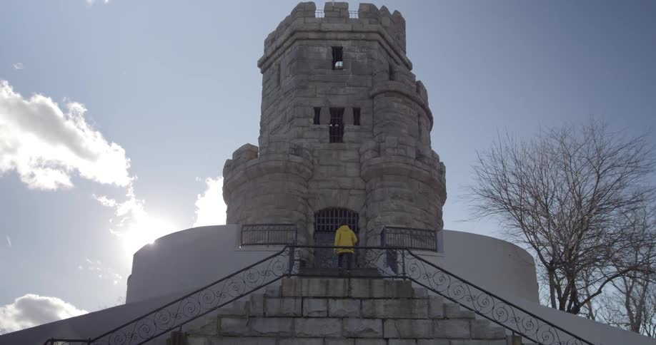 A person is running up the steps