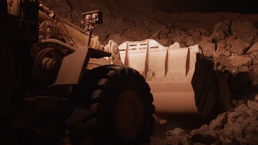A construction excavator removes rubble in a cavern