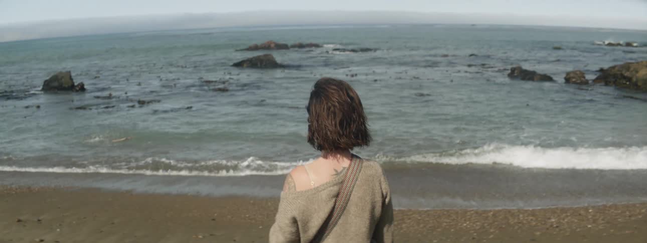A woman stands on the beach shore
