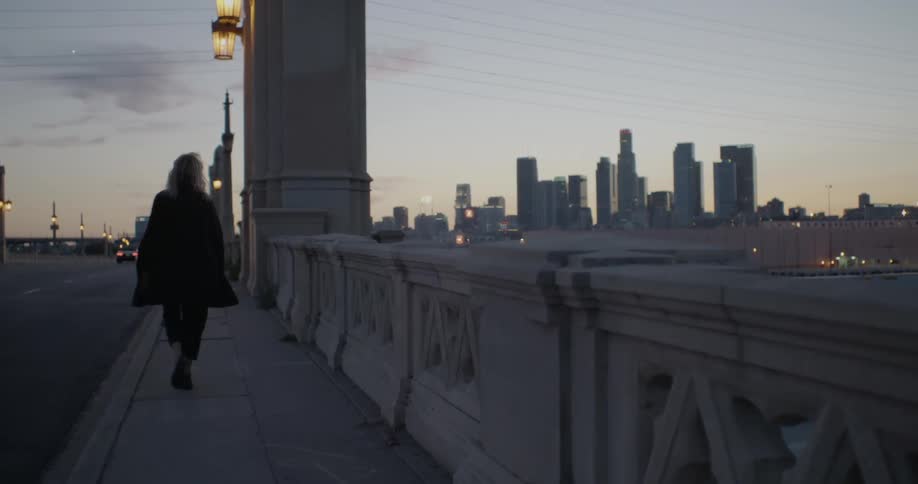 A woman walks on a city bridge at dusk
