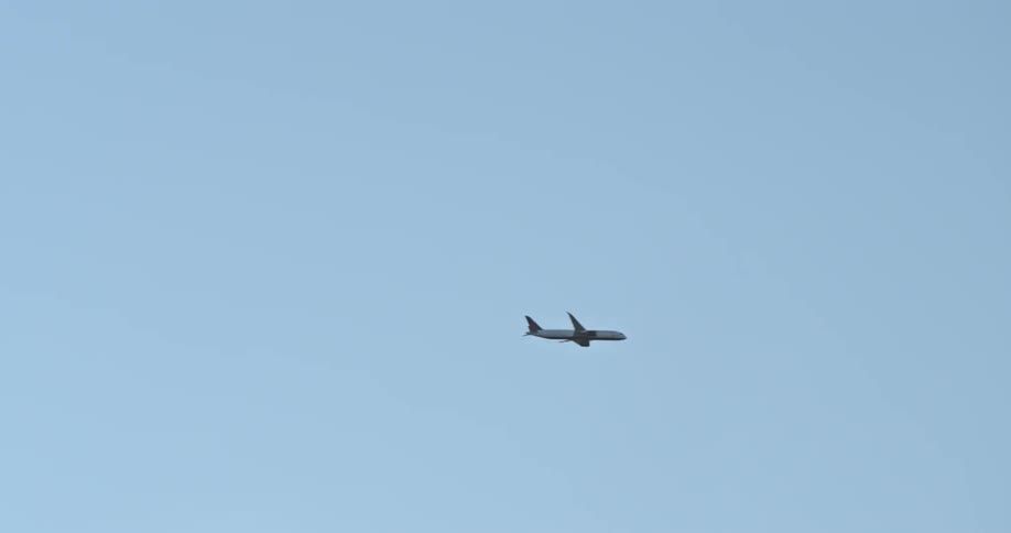 A plane is flying across the sky on a clear day