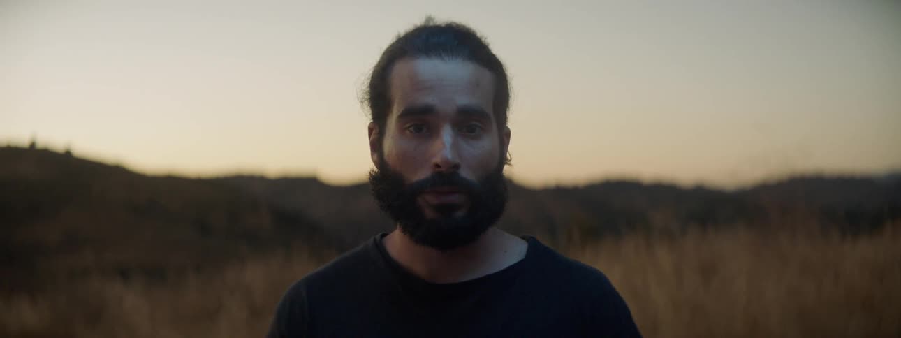Man stands in a field of tall grass and looks up