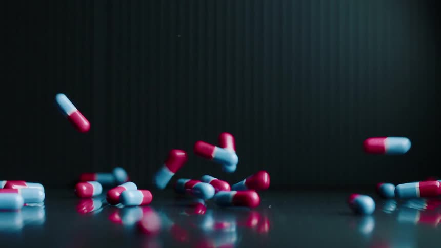 Prescription pills fall onto a table