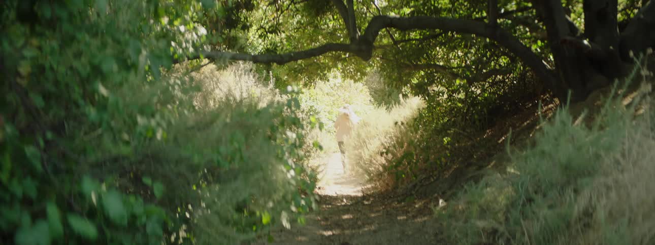 Children run down the trail into the woods