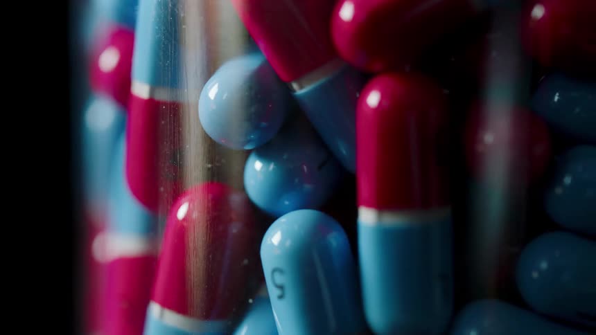 The container is full of blue and red pills