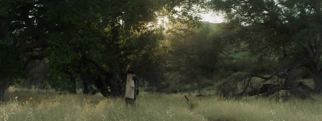 A man and woman walk in a rural field
