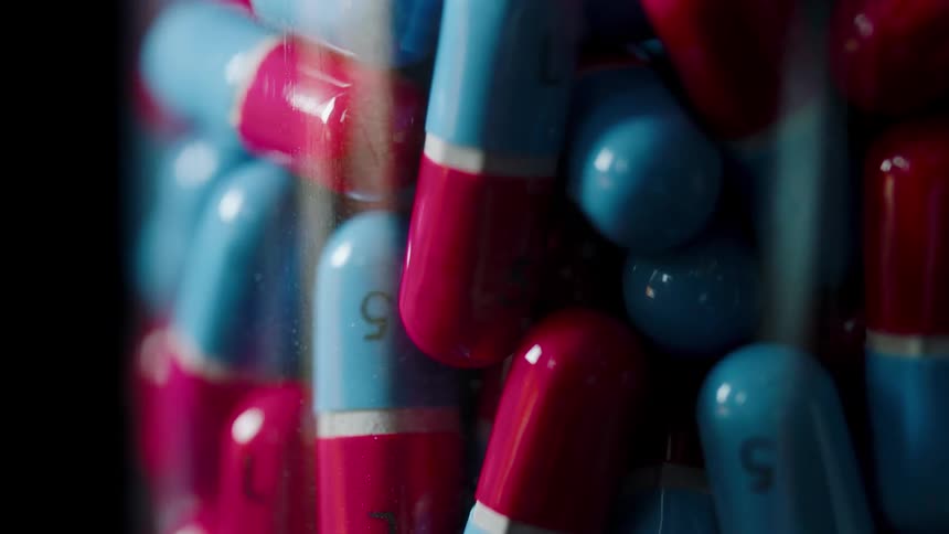 Red and blue pills in a jar