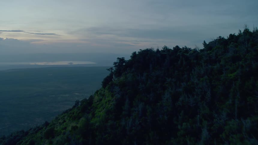 Trees cover a hilltop overlooking a valley at sunset