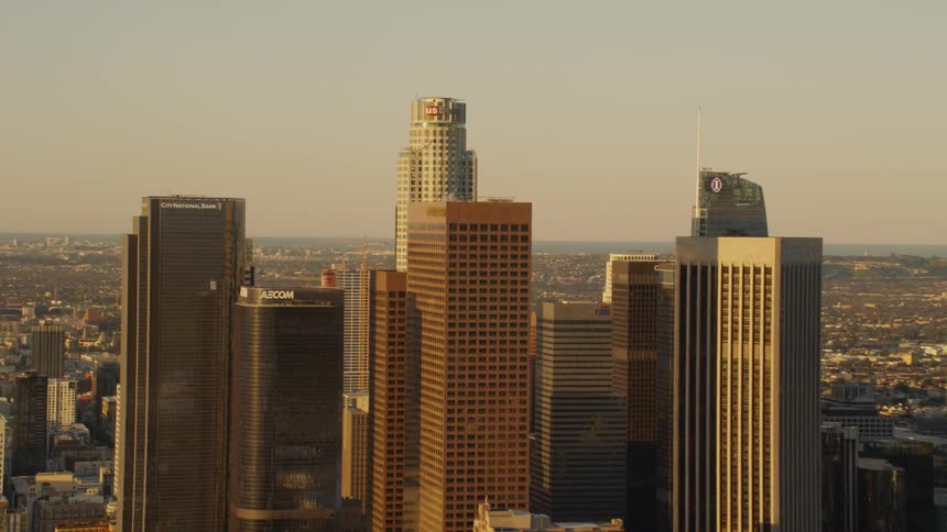 Aerial establishing shot of Downtown Los Angeles at sunrise