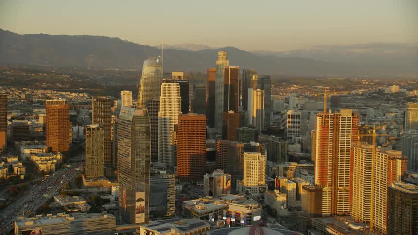 Los Angeles Skyline at sunset from the sky
