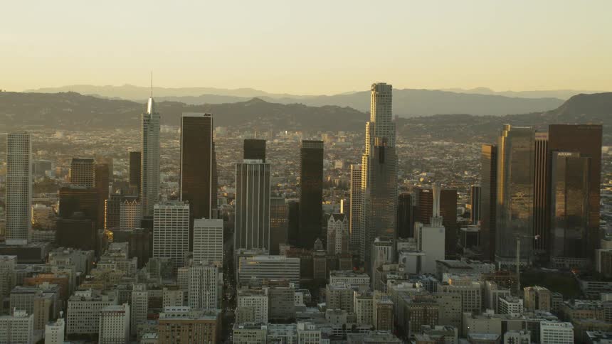 Zoom Out Reveal, LA Skyline at Sunset