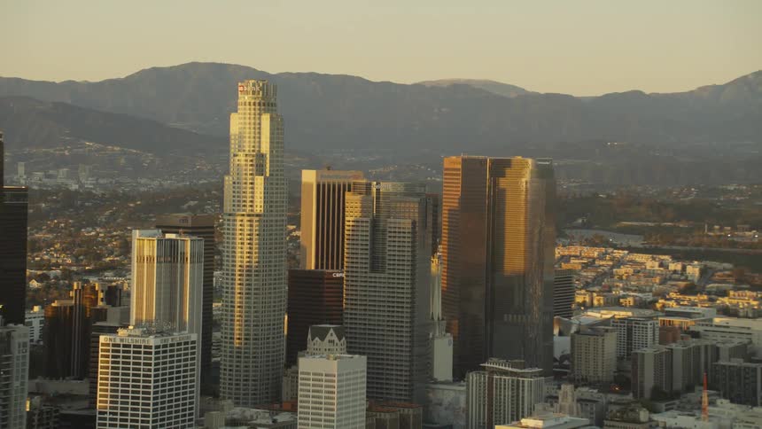Zooming Out Aerial, LA Skyline at Sunset