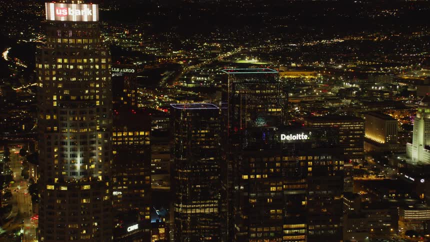 Aerial zoom establishing shot of Downtown Los Angeles