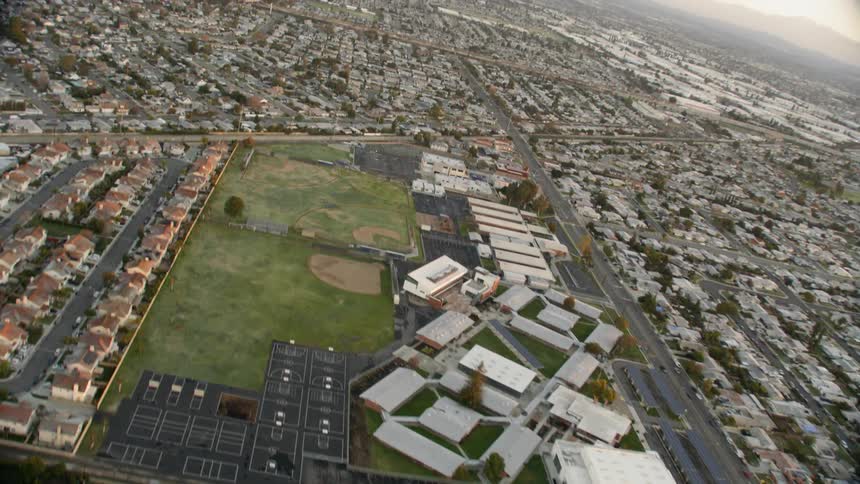 Houses and buildings cover the ground