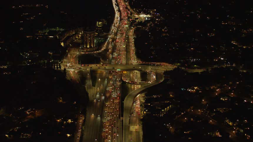 aerial view of Dense traffic on a freeway