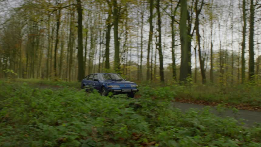The blue car drives down the small road by the forest
