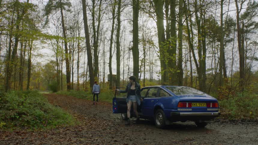 Man and woman get out of a blue car in the forest and walk away