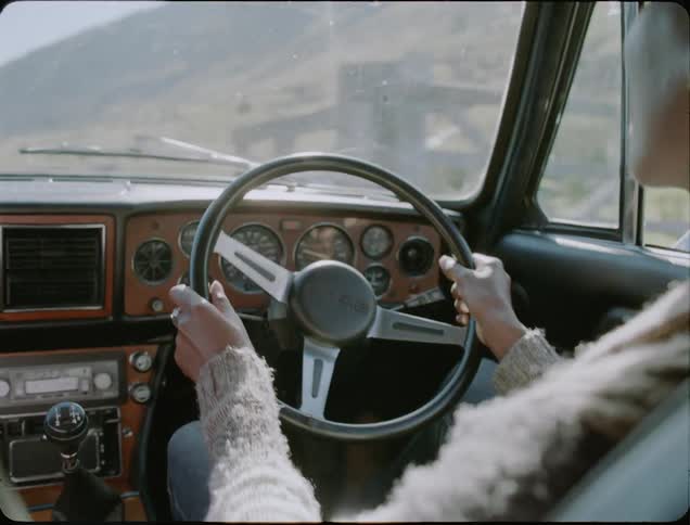 A woman is talking and driving a vehicle