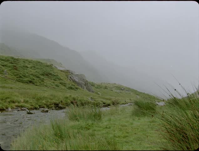 Small stream flows through grassy hilly land on a foggy day