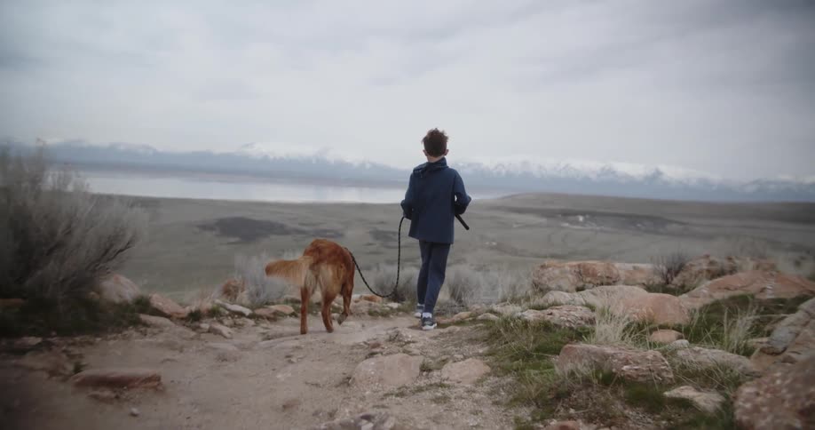 A boy walks a dog on a rock trail