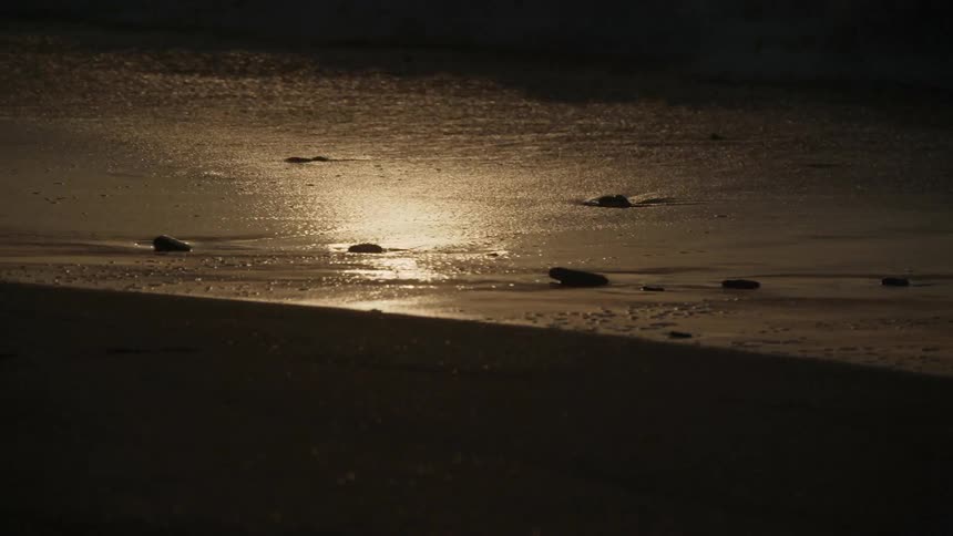 The waves slowly hit the shore at sunset