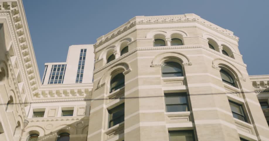 Large white buildings in a city