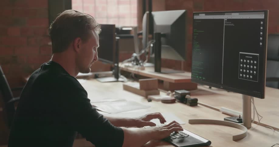 A man is typing on a keyboard as he sits at a desk in daylight