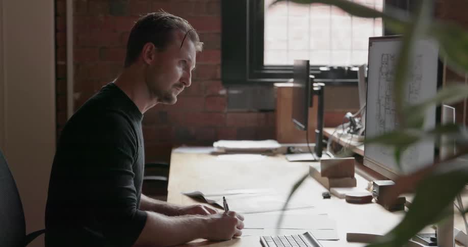 The man writes something down from the computer