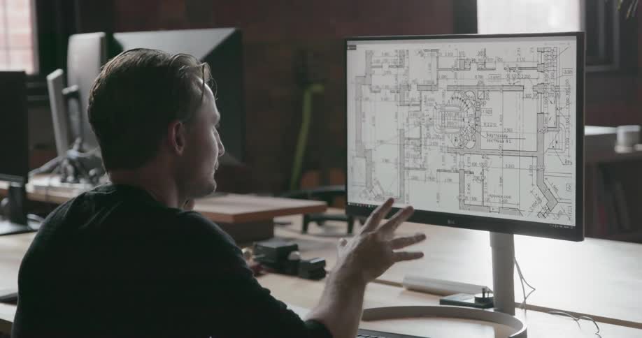 Man sits at a desk talking and gesturing at a monitor