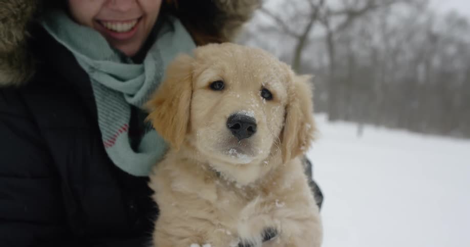 A woman smiles as she holds a puppy outside in the snow