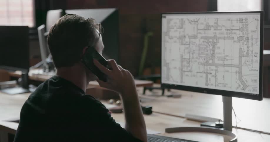 A man talks on the phone in front of his monitor