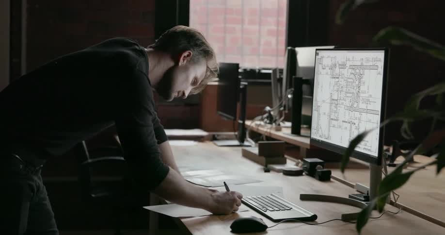 Man leans over desk looking at computer monitor
