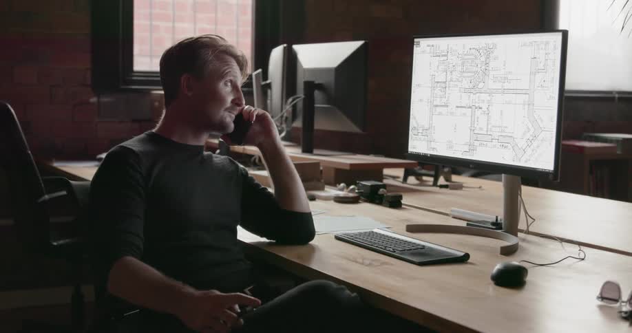 A man talks on the phone while looking at a computer monitor