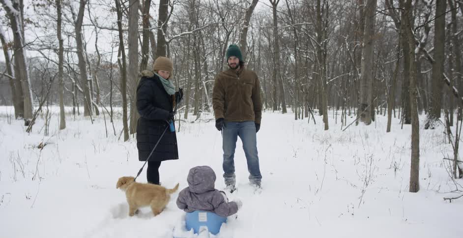 Man pulls a child on a sled through the snow as a woman holds a dog on a leash