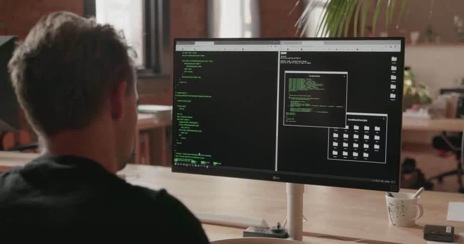 Green text scrolls on a black background on a monitor on a man's desk