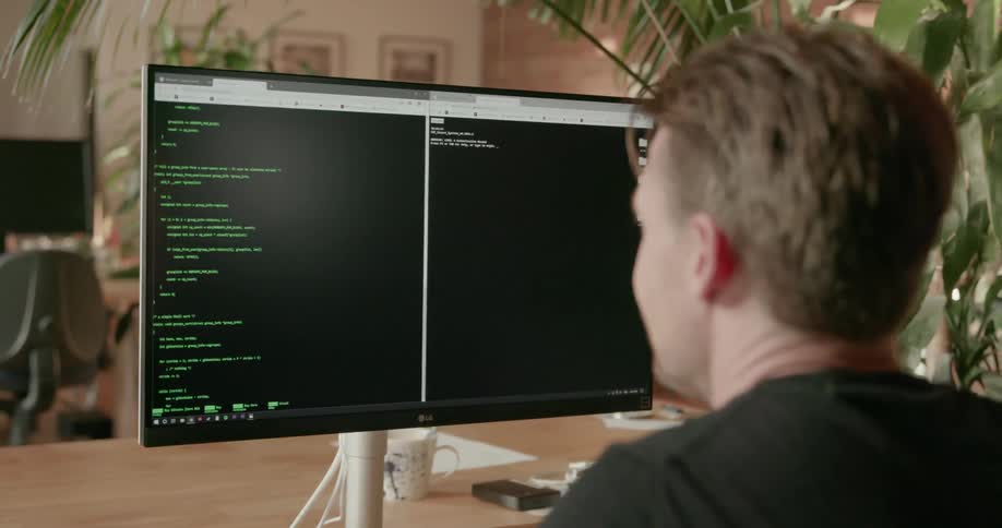 Man looks at a computer monitor in an office