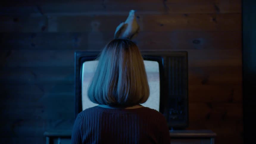 A woman sits close to the flickering television set