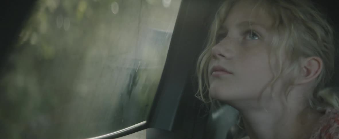 Child sits in a car looking out the window