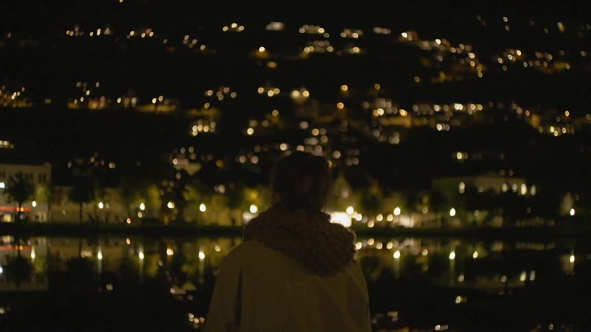 A woman looks at city lights