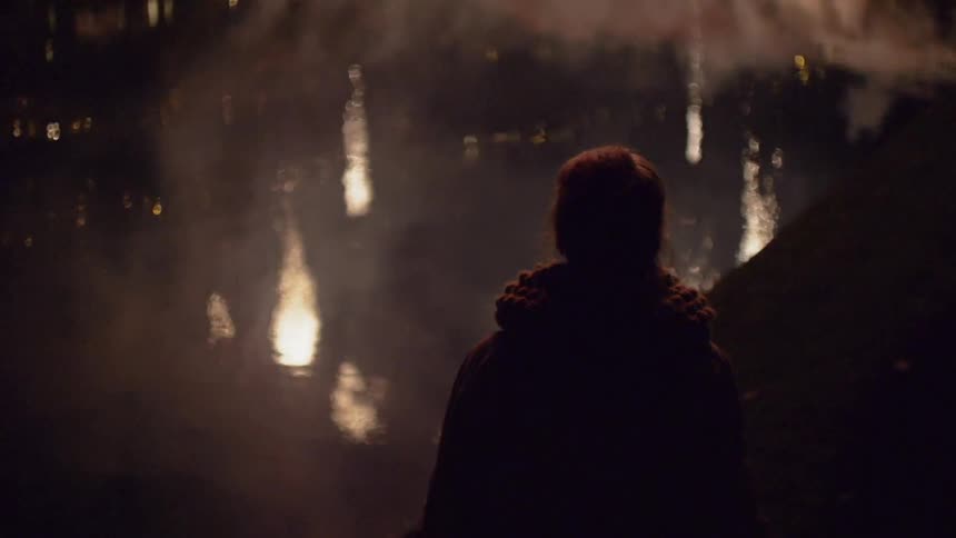 A person watches fireworks at night